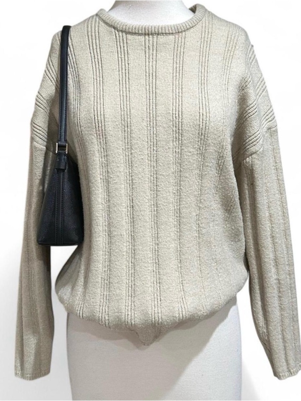 Women's Cream Ribbed Knit Sweater - Casual Crewneck